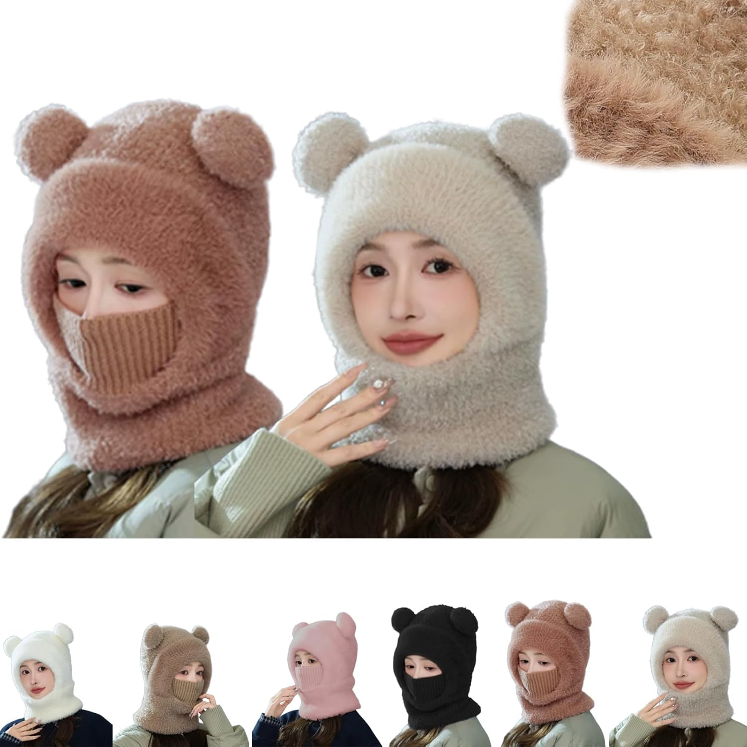 Bear Ski Mask, Fuzzy Bear Hat for Women, Cute Bears Mask Cap with Face Mask Thick Warm Hooded Cold Weather Hat Outdoor