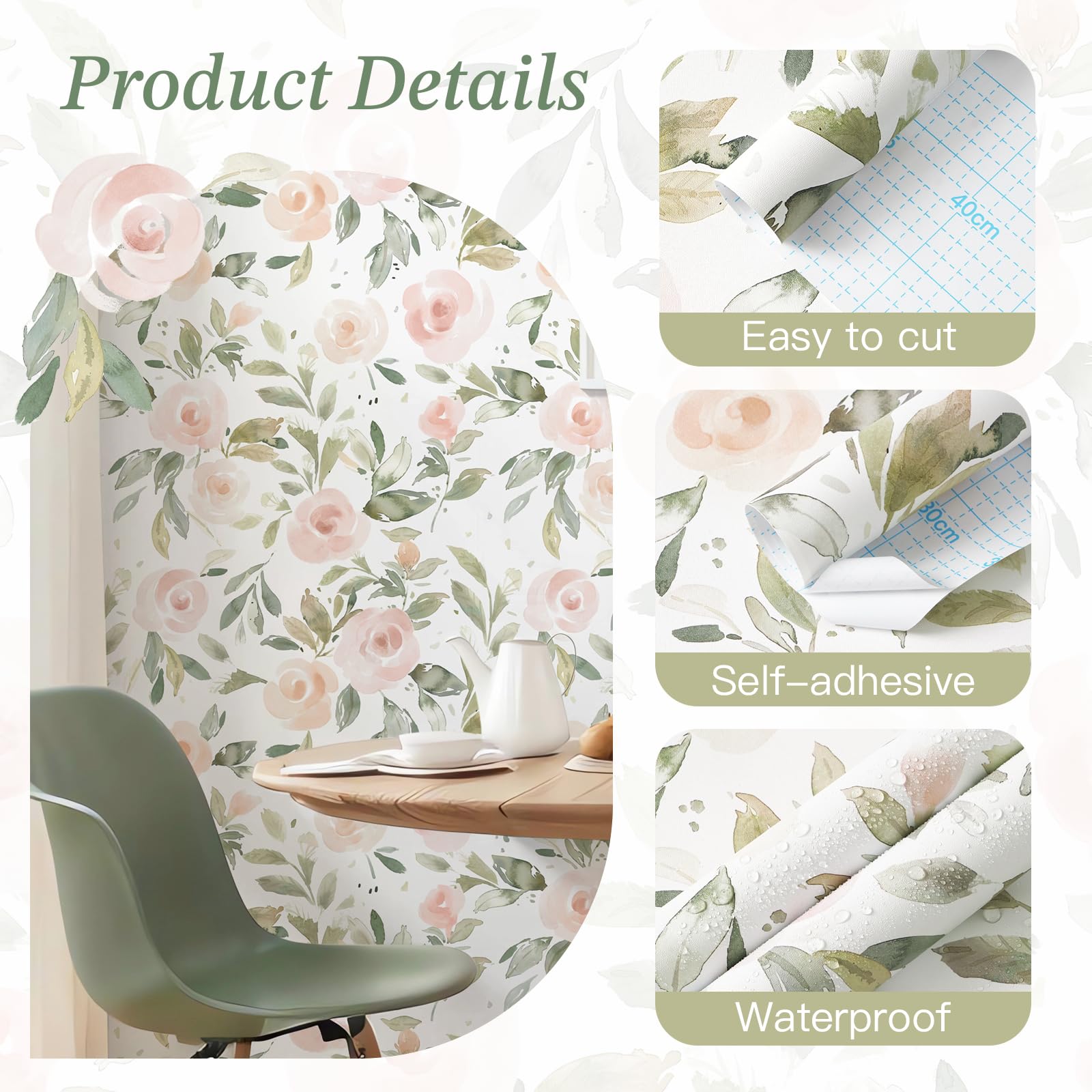 Rouleau de papier peint autocollant rose et vert - 44 x 1000 cm - En vinyle - Motif floral bohème - Amovible - Imperméable - Pour armoires, chambre à coucher, chambre d'enfant, salle à manger