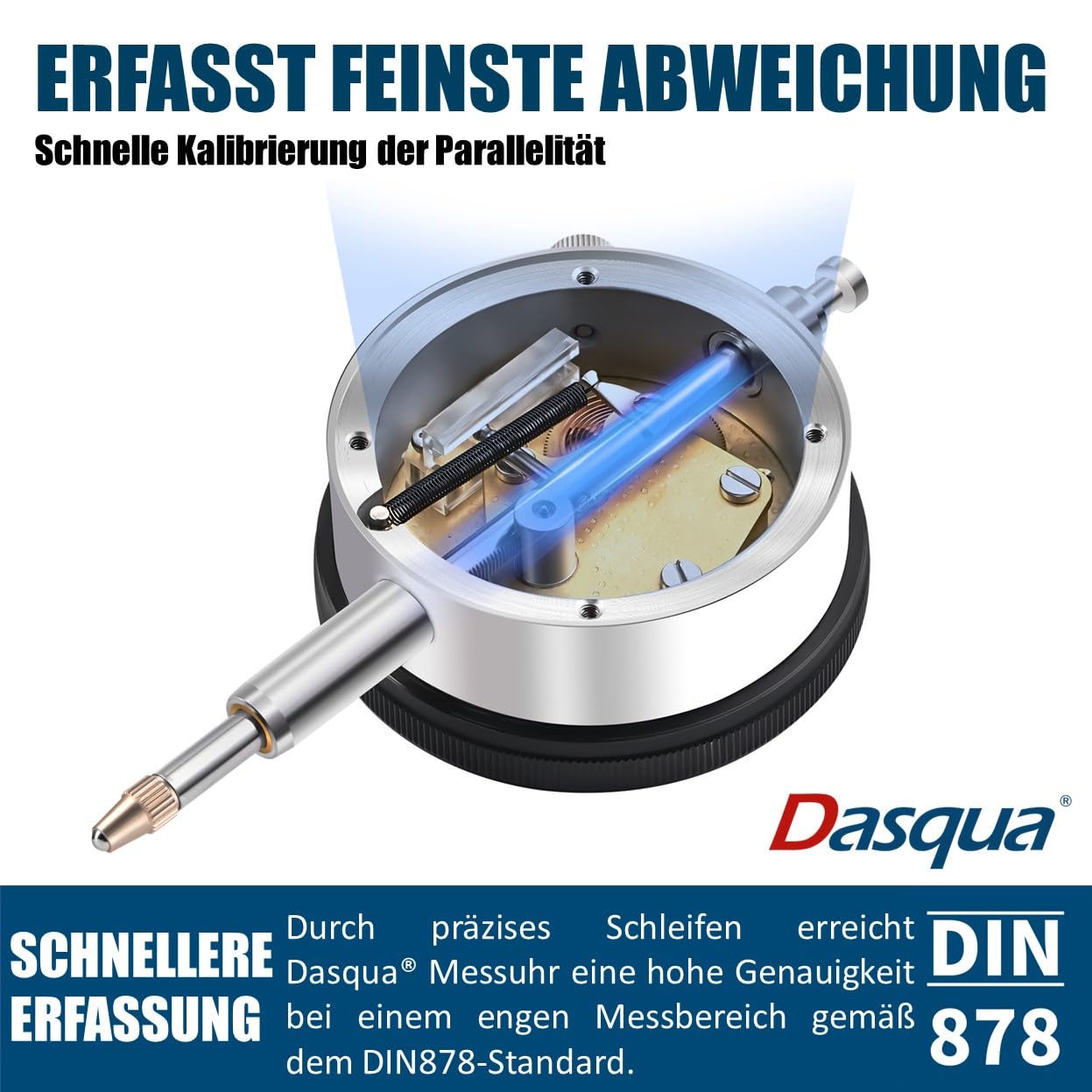 Internal mechanism of the Dasqua Dial Gauge showing the measurement arm and gears, illustrating its ability to detect fine deviations.