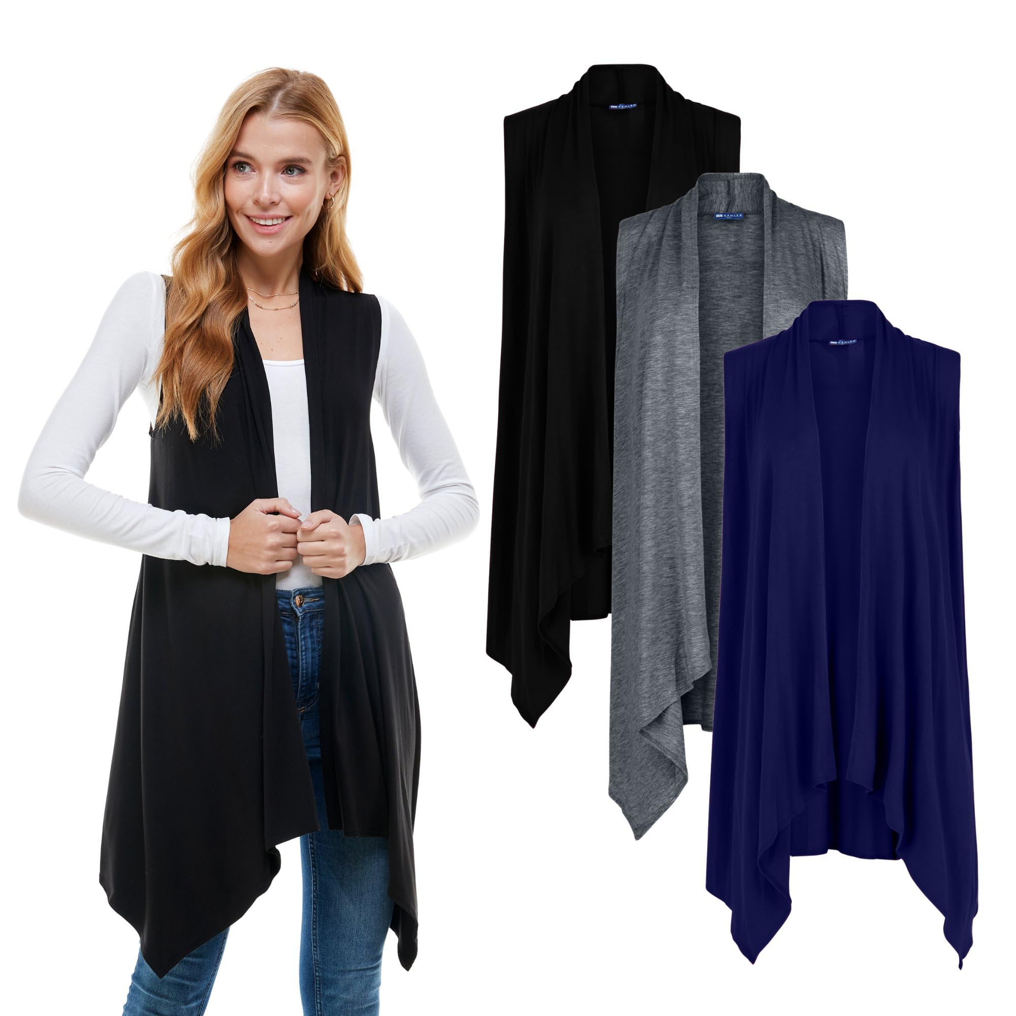 Azules Sleeveless Cardigan for Women, Soft Lightweight Duster Open Front Sleeveless Long Cardigan Vest (3 Pack)