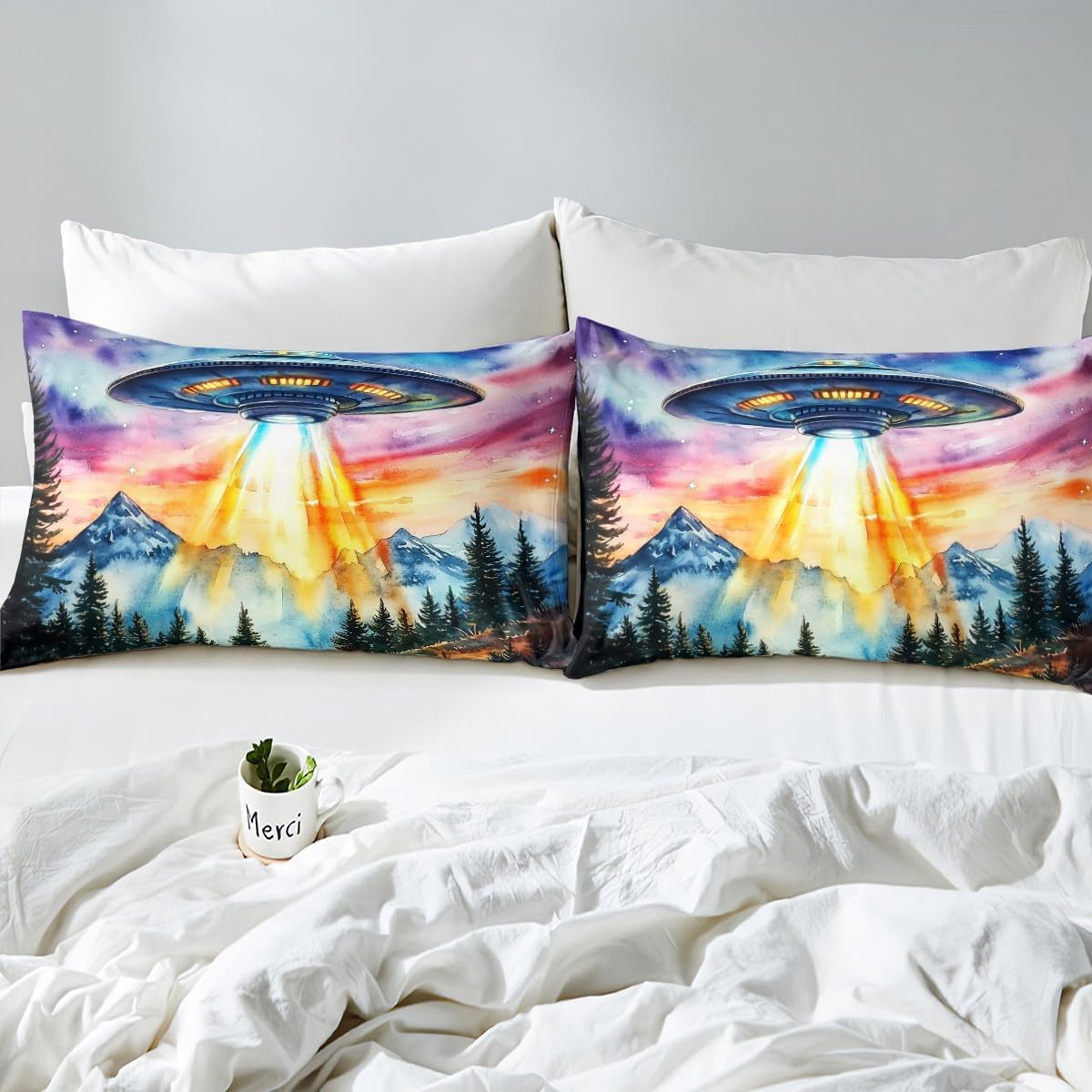 Spacecraft Bedding Set Toddler Size,Mystery Outer Space Aircraft Duvet Cover 2pcs for Kids Boys Room Decor,Jungle Universe Alien Comforter Cover,Colorful Tie Dyed Quilt Cover,Not Comforter