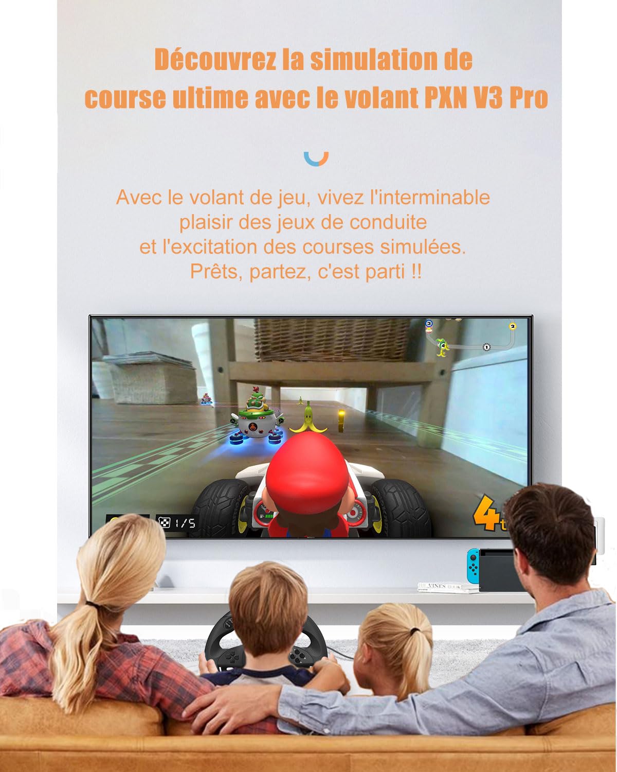 PXN V3 Pro Volant de Jeu avec Pédales - 180°, Retour de Vibration, Levier de Vitesse Intégré, Palettes de Changement de Vitesse - Volant pour PC, PS4, PS3, Xbox et N Switch - Noir