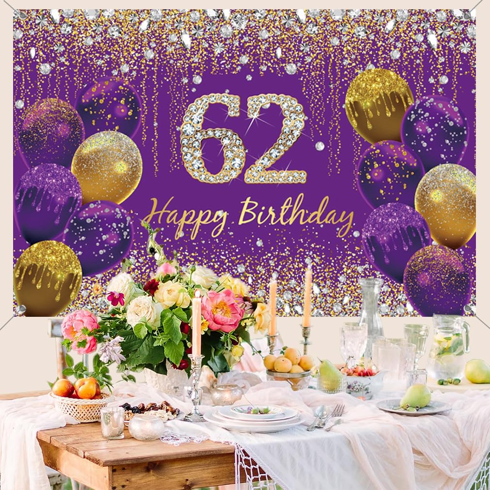 "Happy 62nd Birthday" Large Purple Banner - 78" X 47" Backdrop For Party Decor & Photo Props - View #2