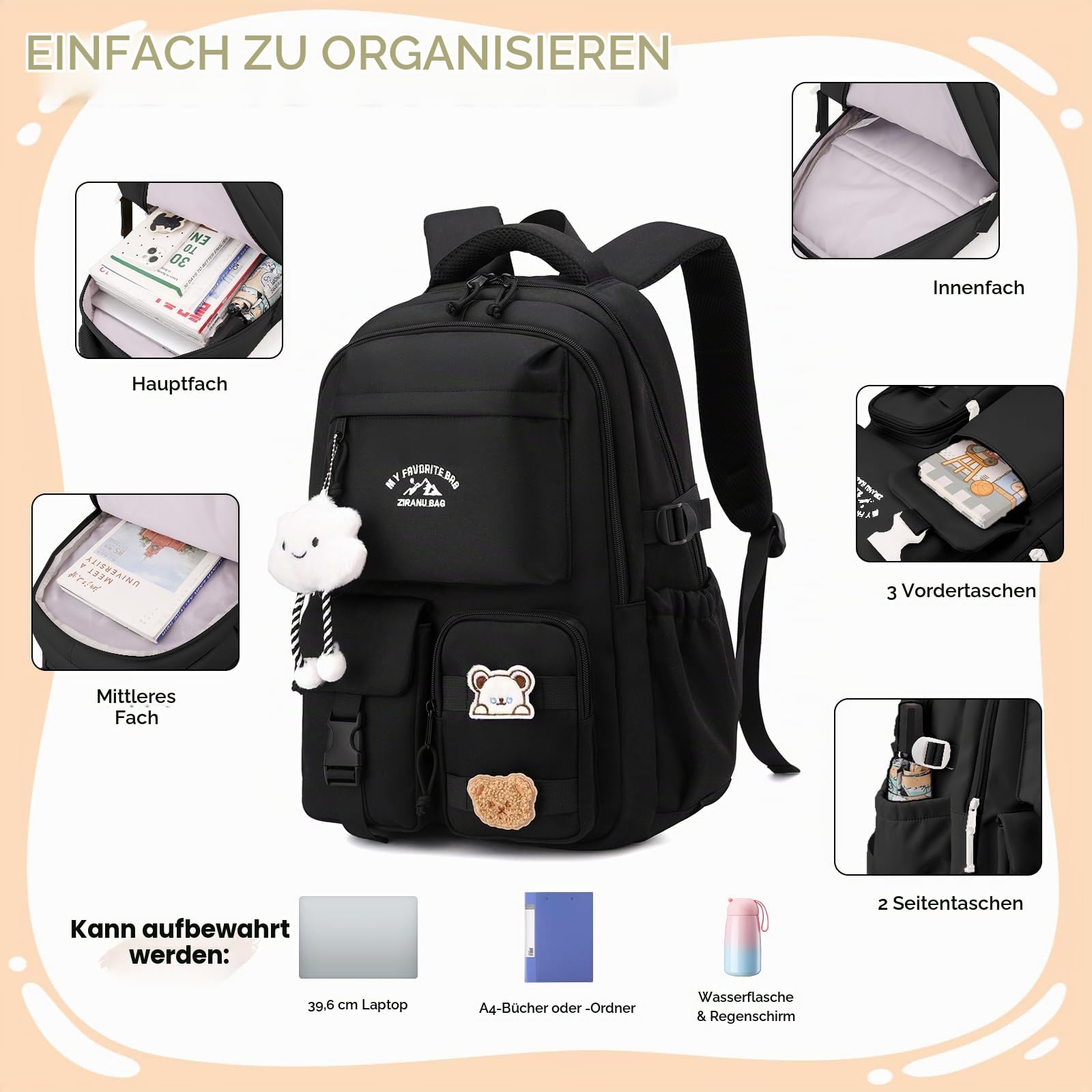 Amythe Schulrucksack Mädchen Teenager, Schulranzen Mädchen Großer mit Vielen Fächern, Lässiger Rucksack Schule mit Süßen Anhängern und Abzeichen für Mädchen 3. bis 7. Klasse, Schwarz