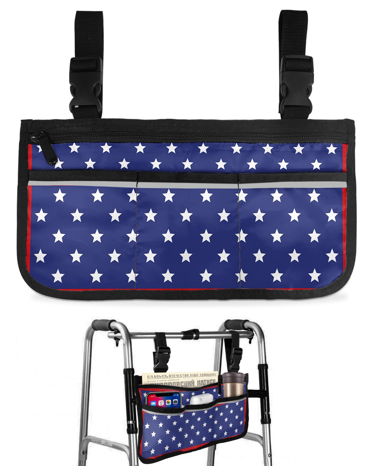 4th of July Wheelchair Side Bag Walker Bag, American Star Red Line Independence Day Wheelchair Accessories Armrest Pouch, Organizer Storage Bag for Walkers, Rollators, Scooters, 7.3''x13''