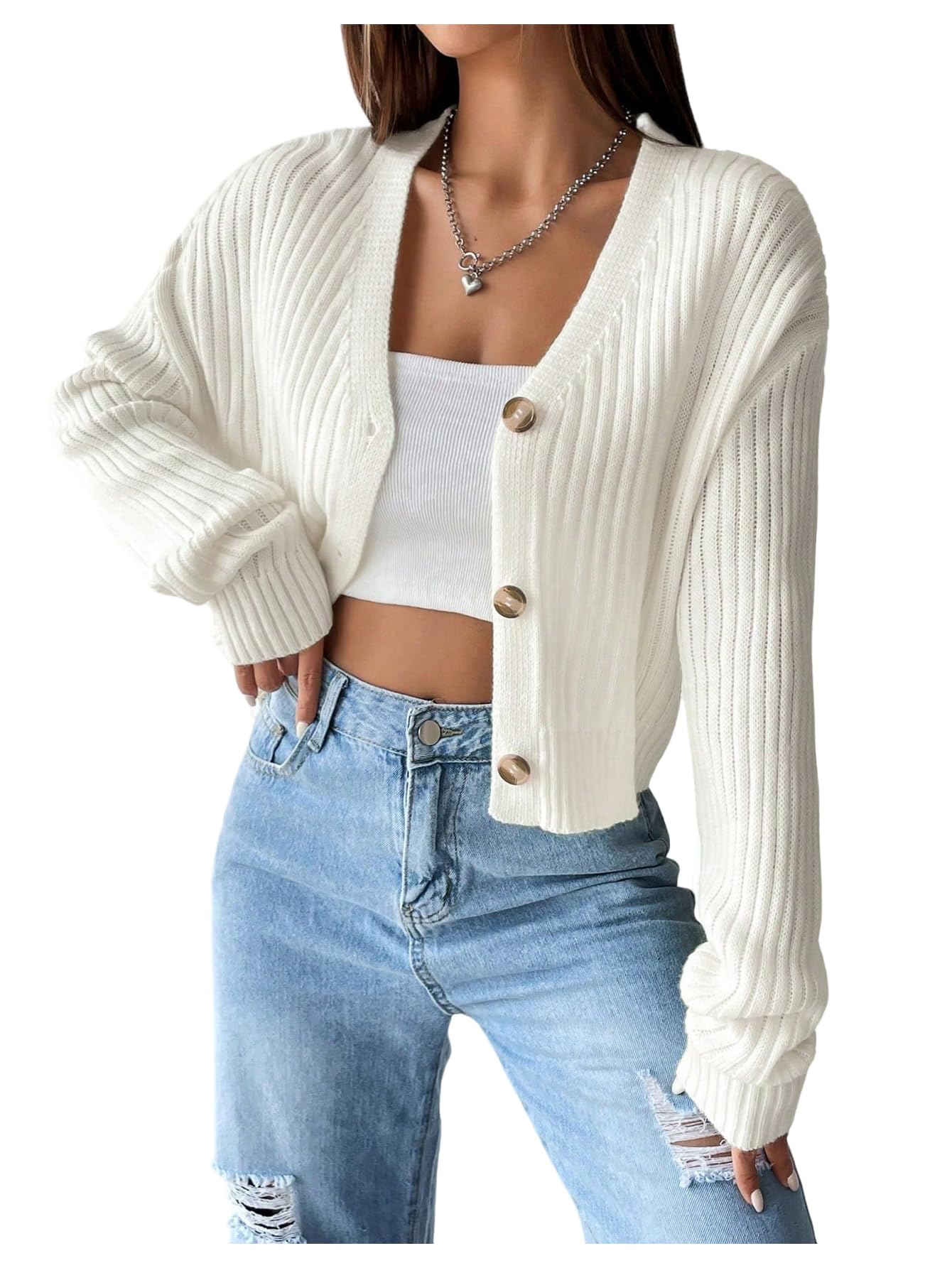 Milumia Womens Button Down Cropped Cardigan Ribbed Long Sleeve Loose Sweater Knitwear