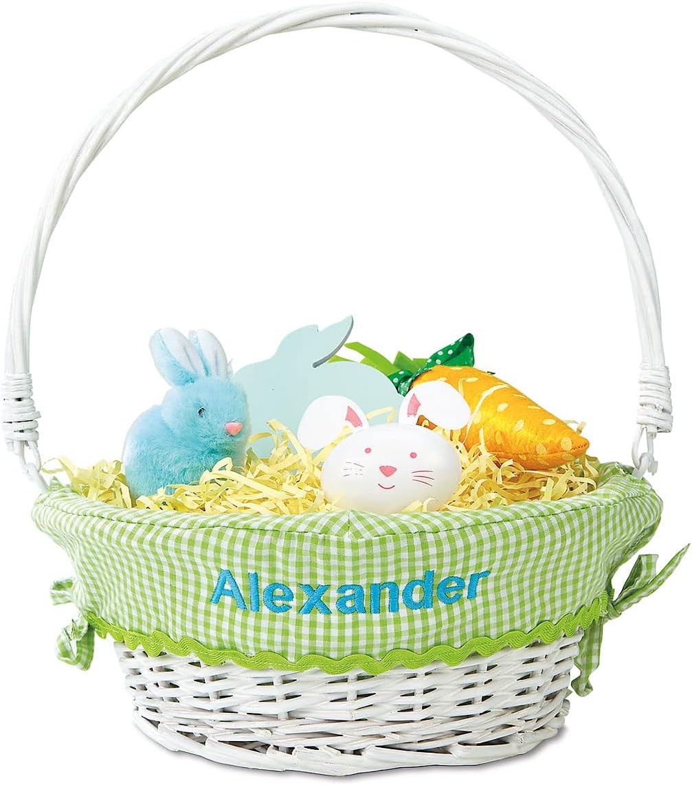 Lillian Vernon Kids Personalized Wicker Easter Basket - Removable Green Liner With Embroidered Name, For Young Girls & Boys, Babys First Egg Hunt, Cute Custom Spring Gifts, 11 x 14