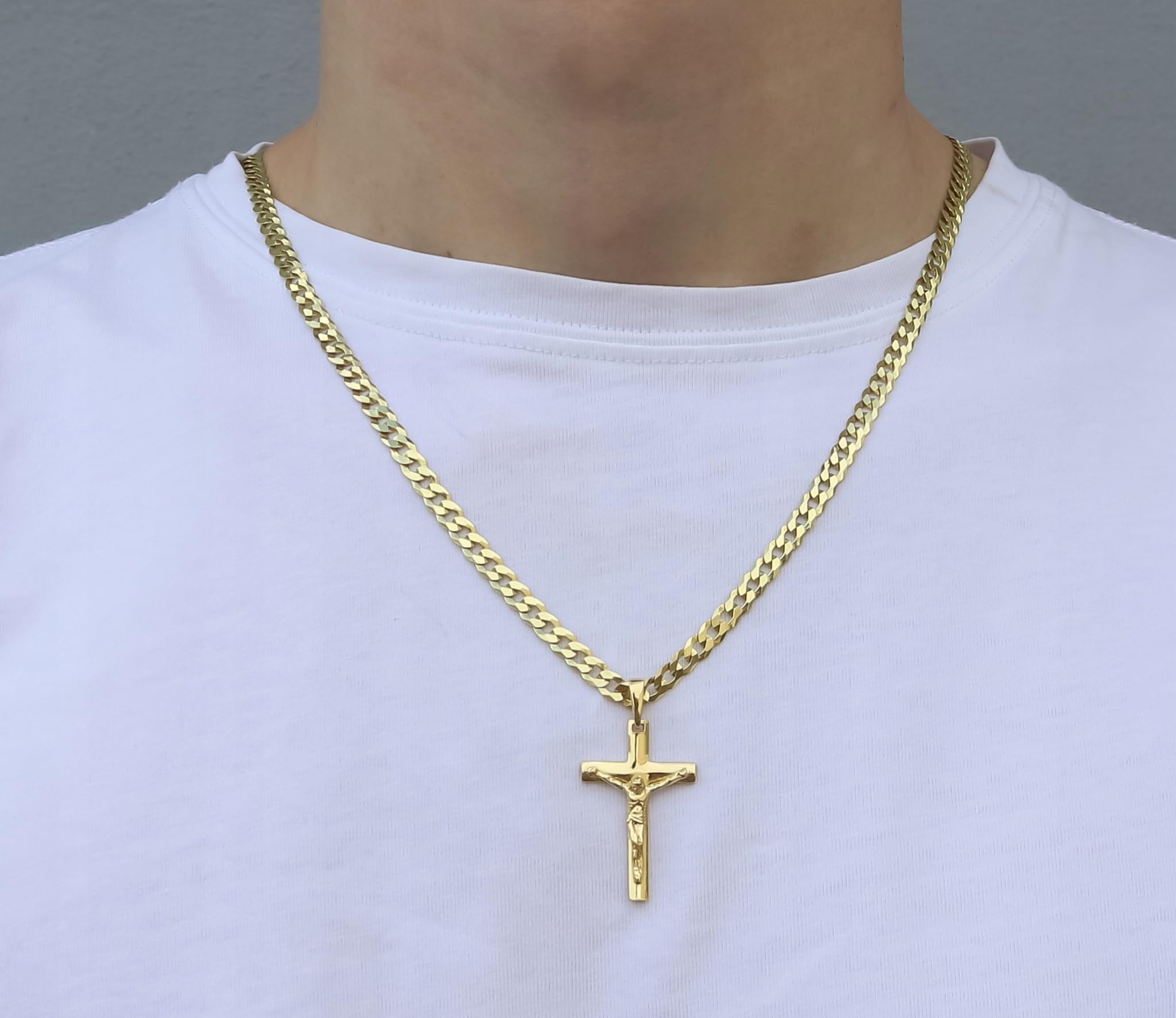 Amor Luxury Collana in oro da uomo con croce 585, catena da uomo 925/585 – Collana a croce da uomo in oro 585 massiccio – 5 mm, catena a croce – collana da uomo