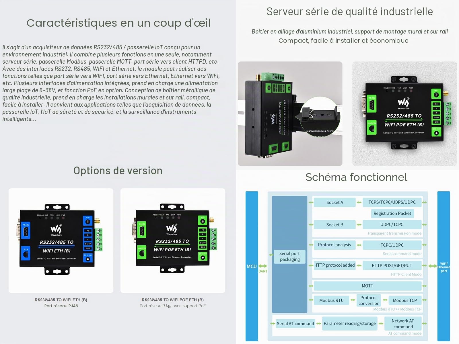 Serveur Série RS232/485 vers WiFi POE Ethernet Convertisseur, Modbus/MQTT Gateway, Support Série vers WiFi, Série vers Ethernet, Ethernet vers WiFi, etc. Alimentation DC 6~36V/PoE