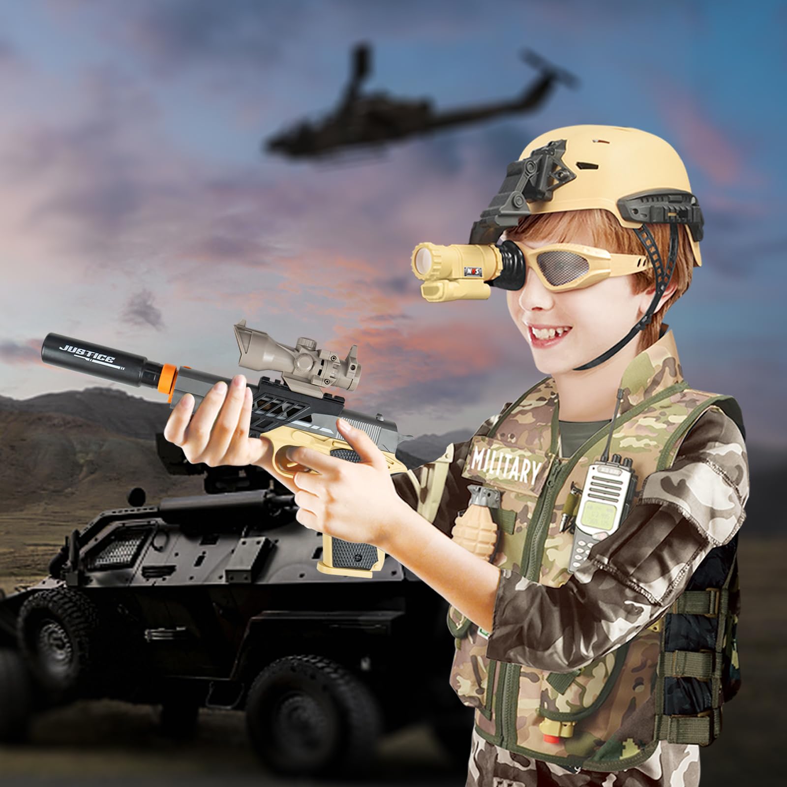 RedCrab Costume da Soldato Bambini, 12 Pezzi Costume Militare Bambino Soldato Vestito Militare con Walkie-Talkie, Gilet Militare e Casco, Ruolo Giocare Carnevale Costume Bambini Regalo