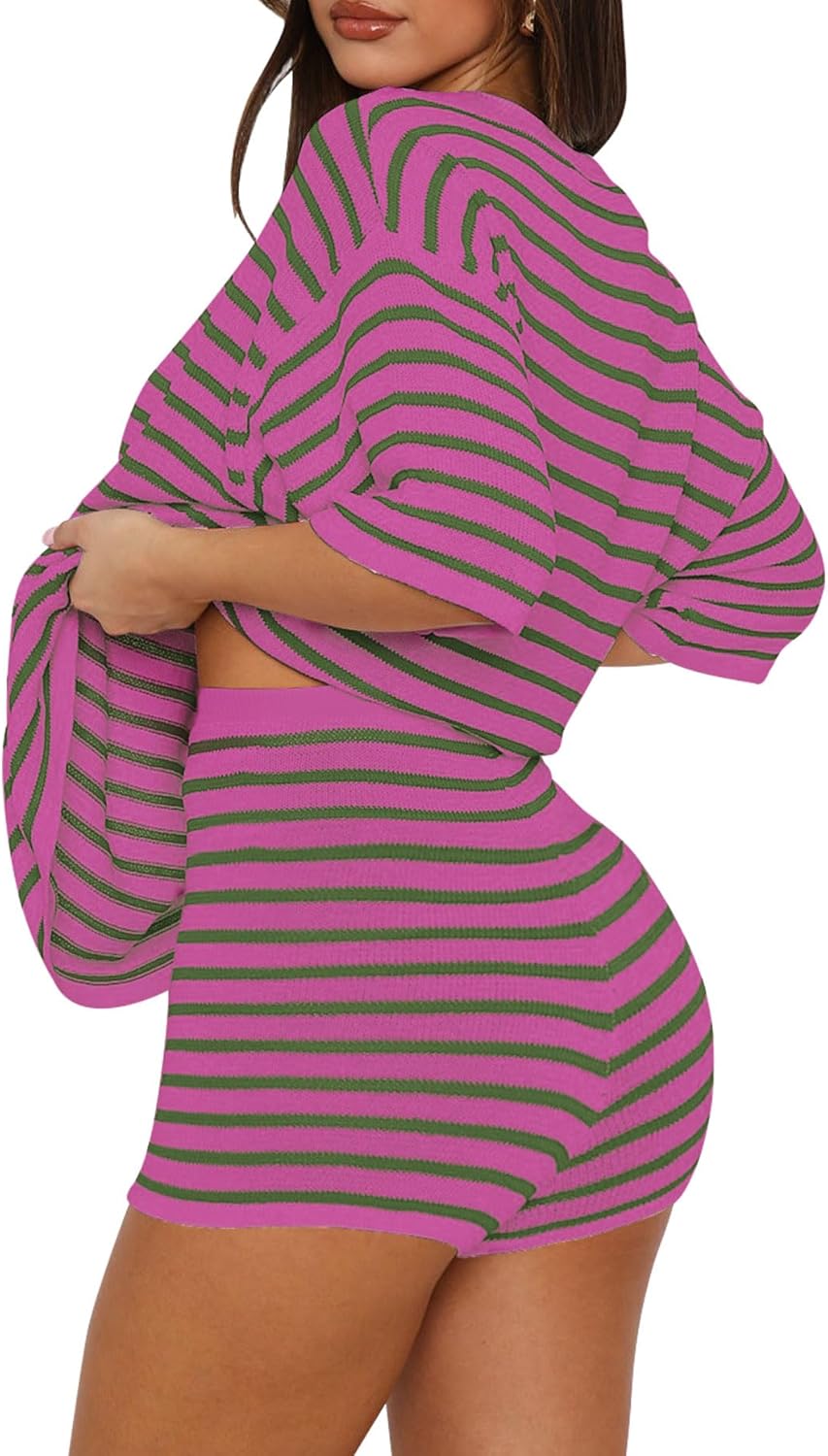Yousify 2 Piece Sweater Set for Womens Summer Short Sleeve Tops Striped Matching Shorts Lounge Sets S-2XL - Image 4