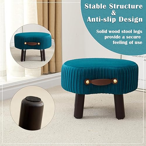 Miniatura 4 de Reposapiés pequeño con asa, reposapiés otomano de terciopelo con asiento acolchado, taburete curvado con patas de madera, reposapiés portátil para