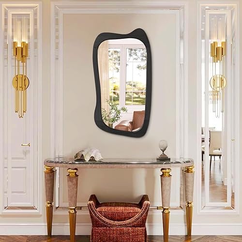Miniatura 7 de AAZZKANG Espejo irregular negro asimétrico montado en la pared, espejo grande y moderno con marco de madera para baño, dormitorio, sala de estar,