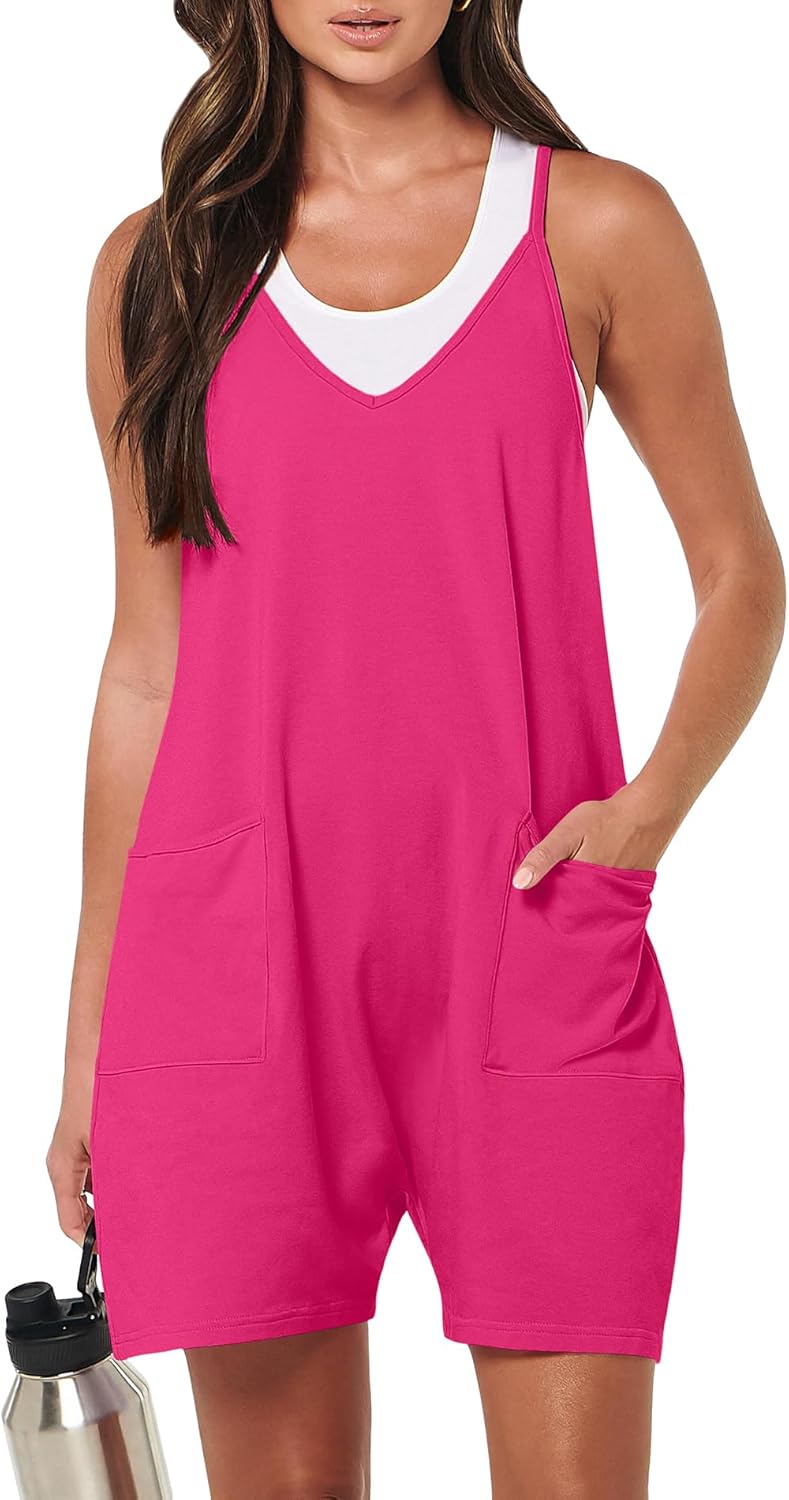 LILBETTER Women's Summer Casual Rompers Short Overalls Loose Linen Jumpsuit Beach Outfits(Rose Red Large)