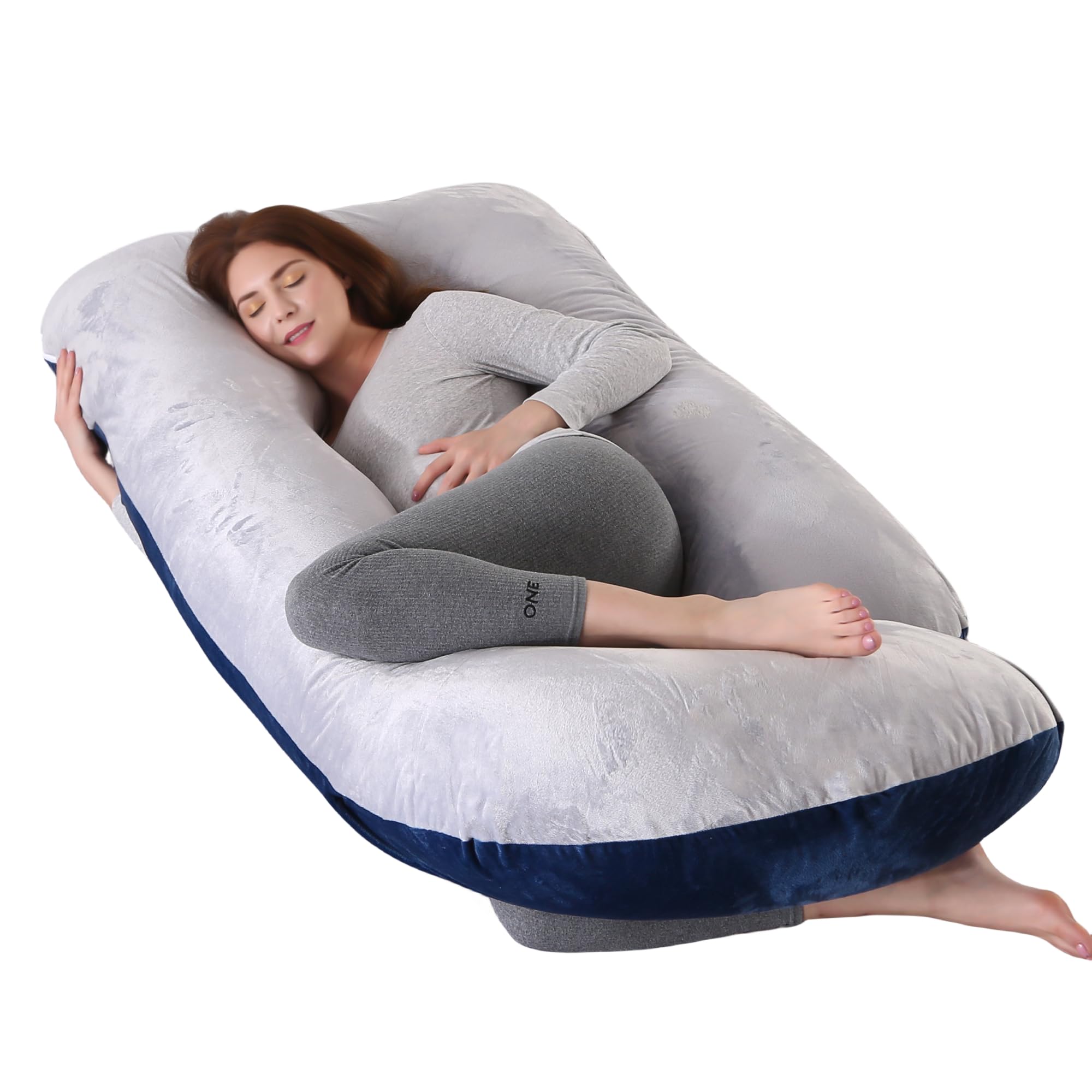 ALLOPERA U-Shape Full Body Pregnancy Pillows, Maternity Pillow for Sleeping, Body Pillows for Adults with Removable Cover 70 inch (Grey-Dark Blue)