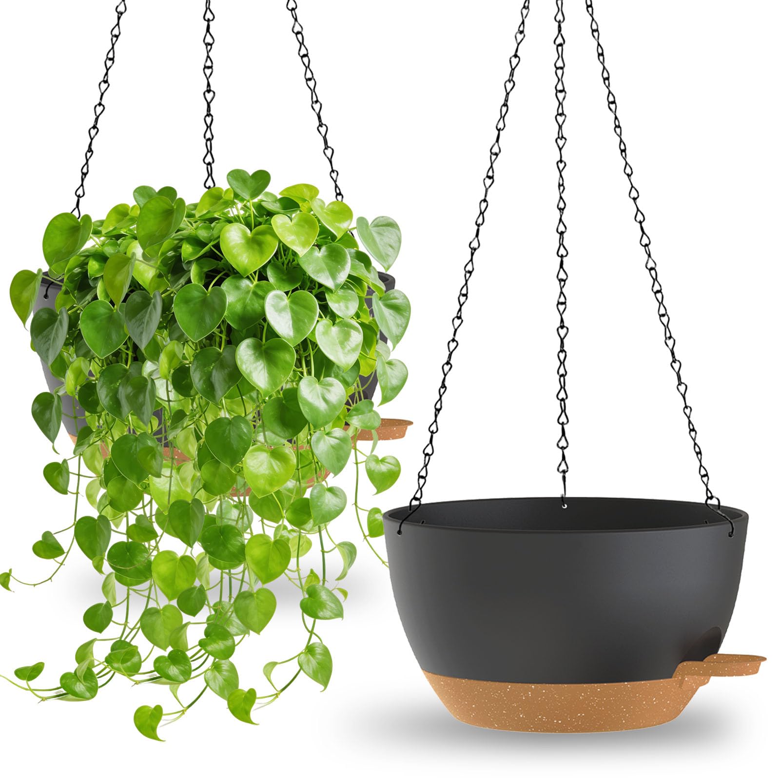 SQOKHT 30.48cm Hanging Planters for Indoor Outdoor Plants, 2 Pack Plastic Self Watering Hanging Baskets with Drainage Holes and Chain for Garden Porch (Black Brown)