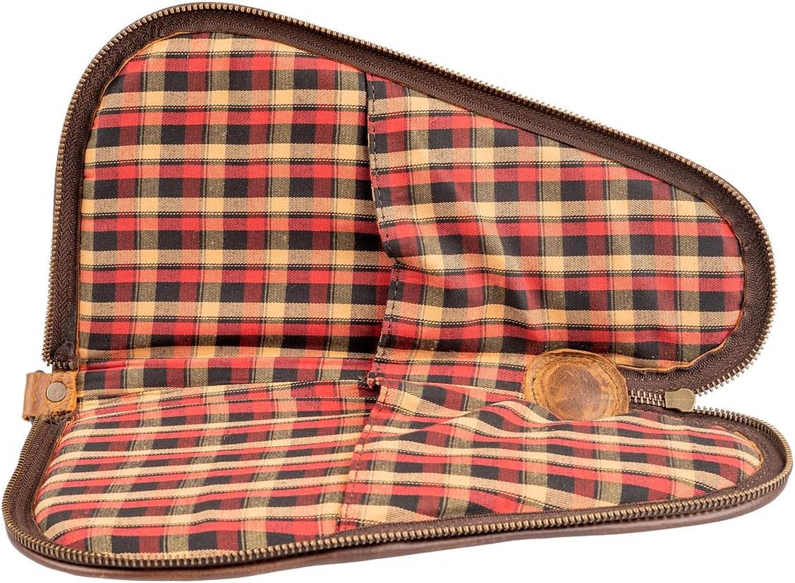 STS Ranchwear Tucson Pistol Case, Durable Genuine Full Grain Waxed Leather Padded Hunting Range Shooting Pistol Concealed Carry Storage Pouch w/Zip Around Closure, Pockets & Wrist Strap, STS34295