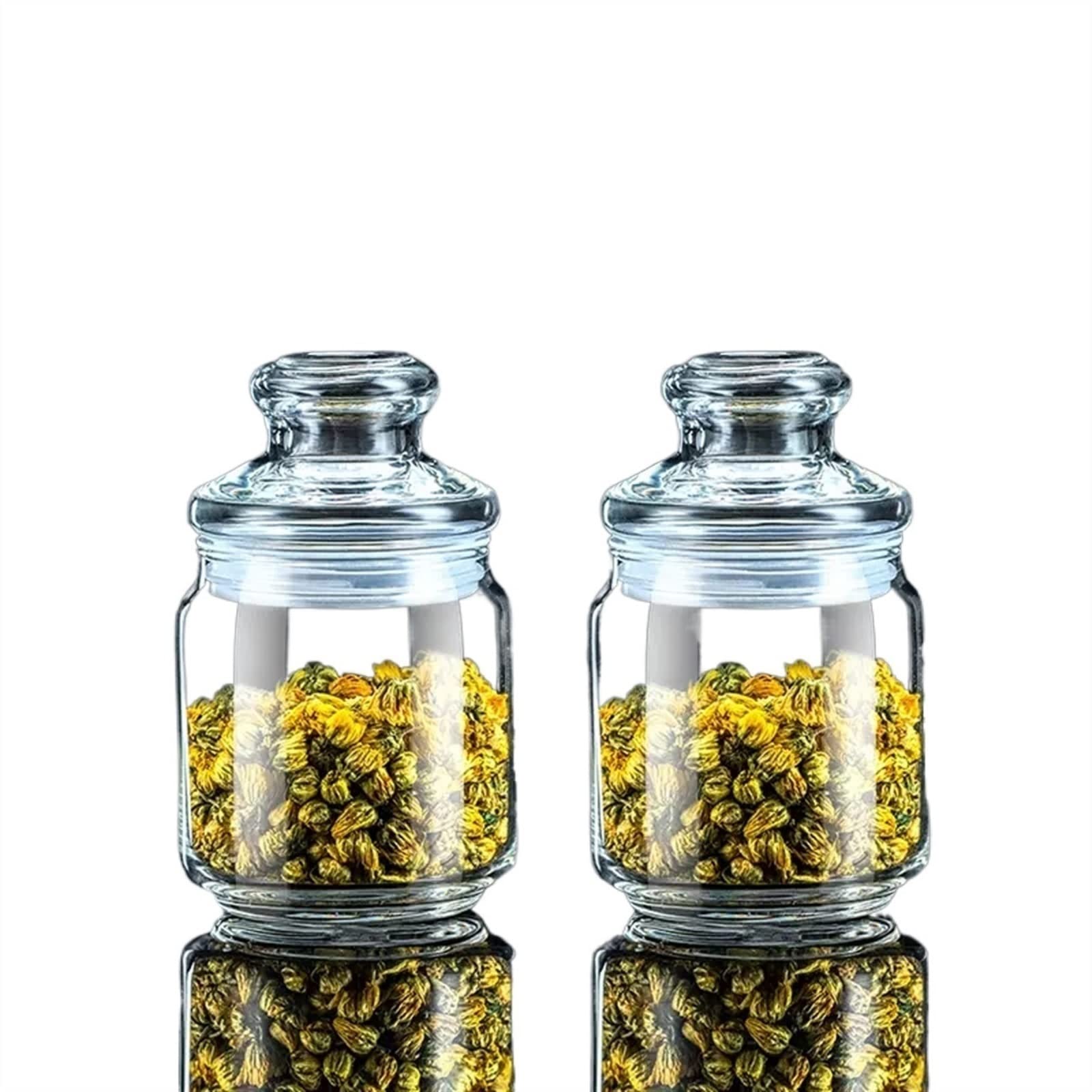 Hhaoran-9868 Ceramic Tea Canister Set of 2 Round Glass Jar Tea Tins Coffee with Airtight Lids Smooth and Transparent Jars Pasta Sugar Snack Nuts Cookie Food Canisters for Kitchen(750ML)