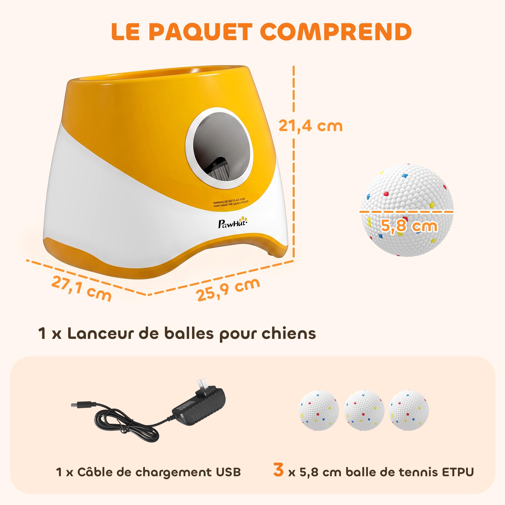 PawHut Lanceur Automatique de Balles Chiens Moyens 3 Distances Orange