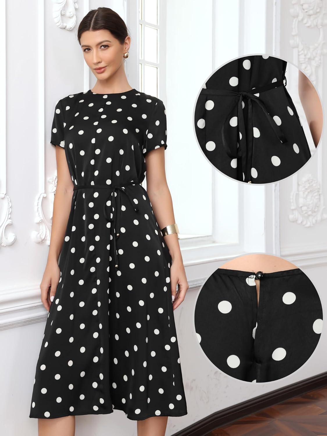 Allegra K Polka Dots Dresses for Women's Crew Neck Short Sleeve Belted Midi Dress - Image 4