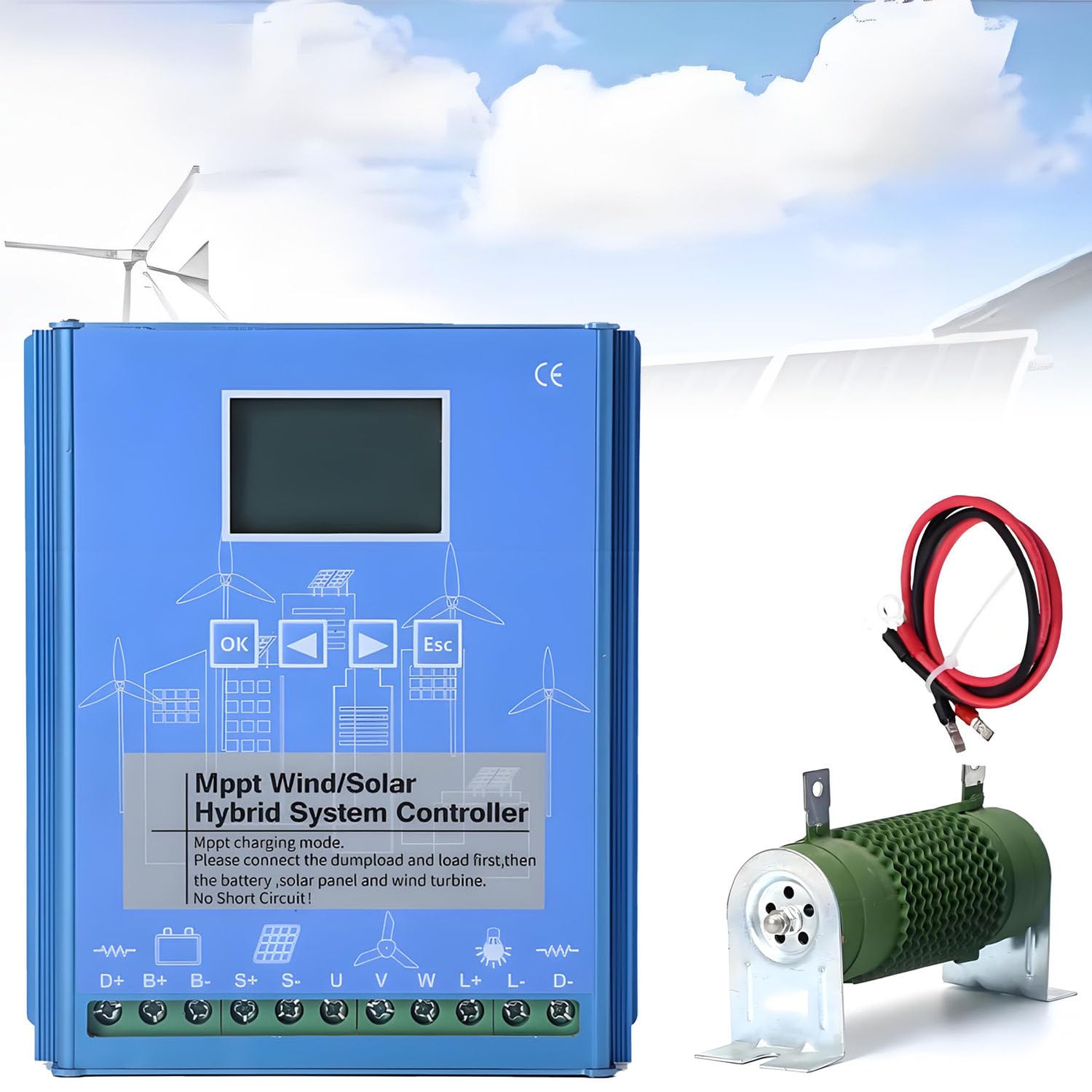 Kontroler ładowania wiatrowego i słonecznego 16000 W, hybrydowy kontroler ładowania wiatrowo-słonecznego z wyświetlaczem LCD i obciążeniem rozładowczym 48V