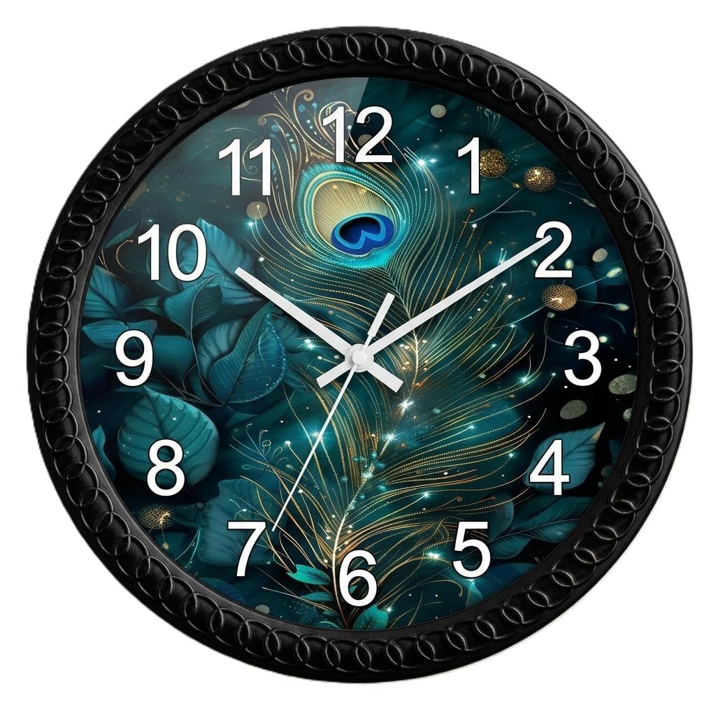 Peacock Feather Wall Clock for Home Decor | Premium Silent Non-Ticking Analog Round Wall Clock | Elegant Mor Pankh HD Printed Glass Finish | Decorative Clock for Living Room, Bedroom_MP_21-image-16