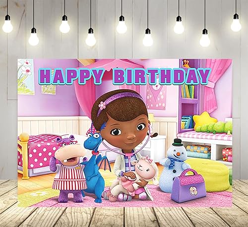 Telón de fondo rosa para fiesta de cumpleaños, fondos de fotos de Doc McStuffins, tema de cumpleaños, baby shower, 59 x 38 pulgadas