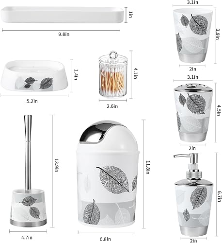 Miniatura 6 de Juego de 8 piezas de color gris, con soporte y recipiente para cepillos de dientes, dispensador de jabón, jabonera, cepillo de inodoro, cubo de