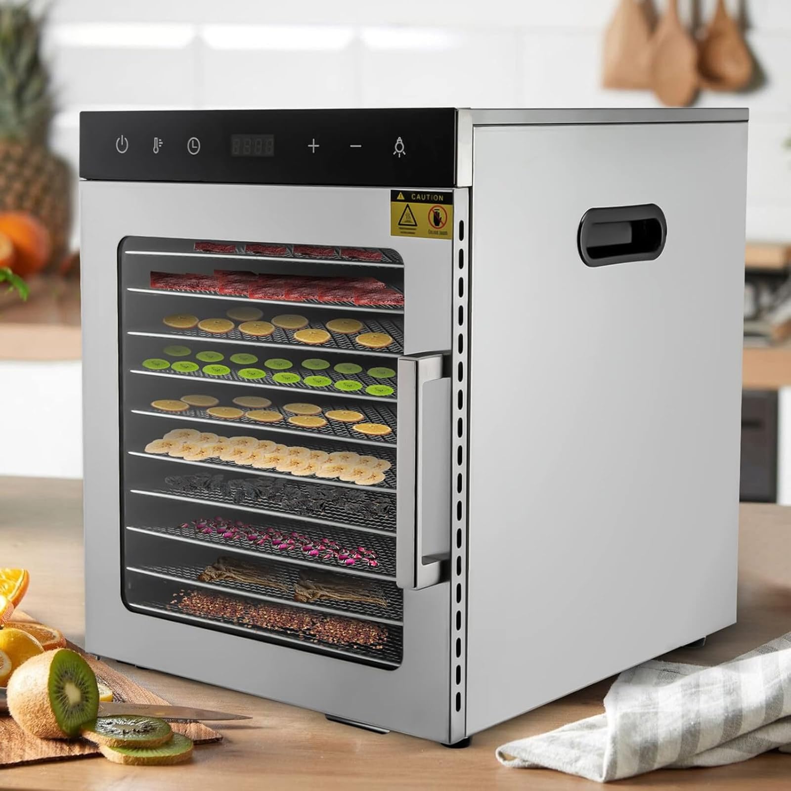 Essiccatore per Alimenti, Essiccatore A 10 Vassoi in Acciaio Inossidabile per Alimenti E Carne Secca, Erbe, Frutta, Macchina Essiccata con Timer Digitale E Controllo della Temperatura