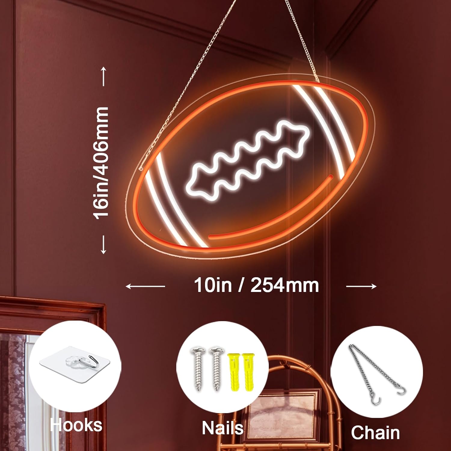 Football Neon Sign, Football Shaped Neon Light for Wall Decor, LED Football Signs for Bedrooms and Game Rooms Man Cave, Teens, Boys, Girls, Gift for Football Fans - Image 5