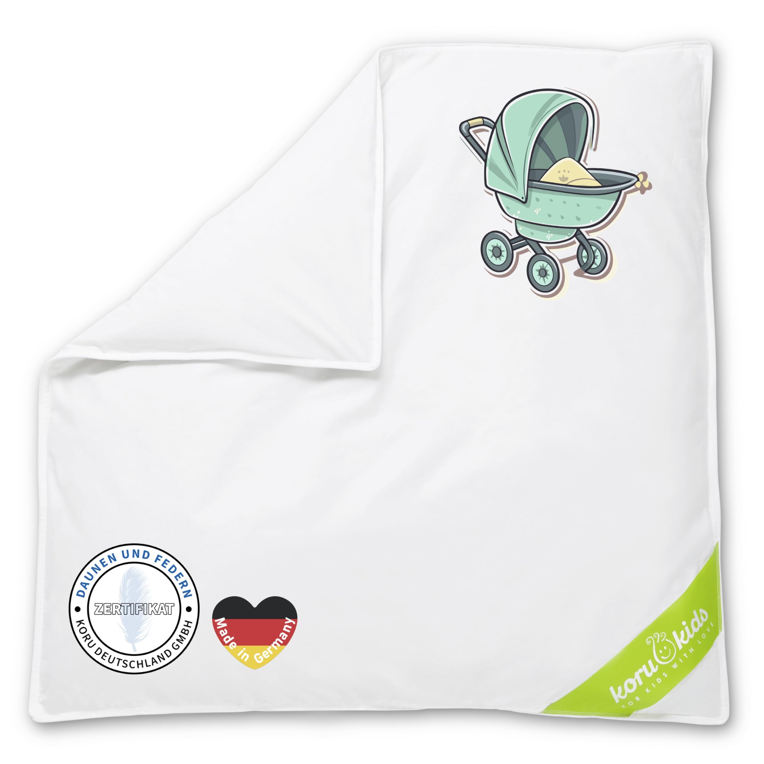 Koru Kids® Decke Kinderwagen 80x80 cm - 100% Daunen – Kinderwagendecke – bis 60 Grad waschbar – Baby Bettdecke Daunendecke - Oeko-TEX – Kinderwagen Kissen - Füllmenge 180g