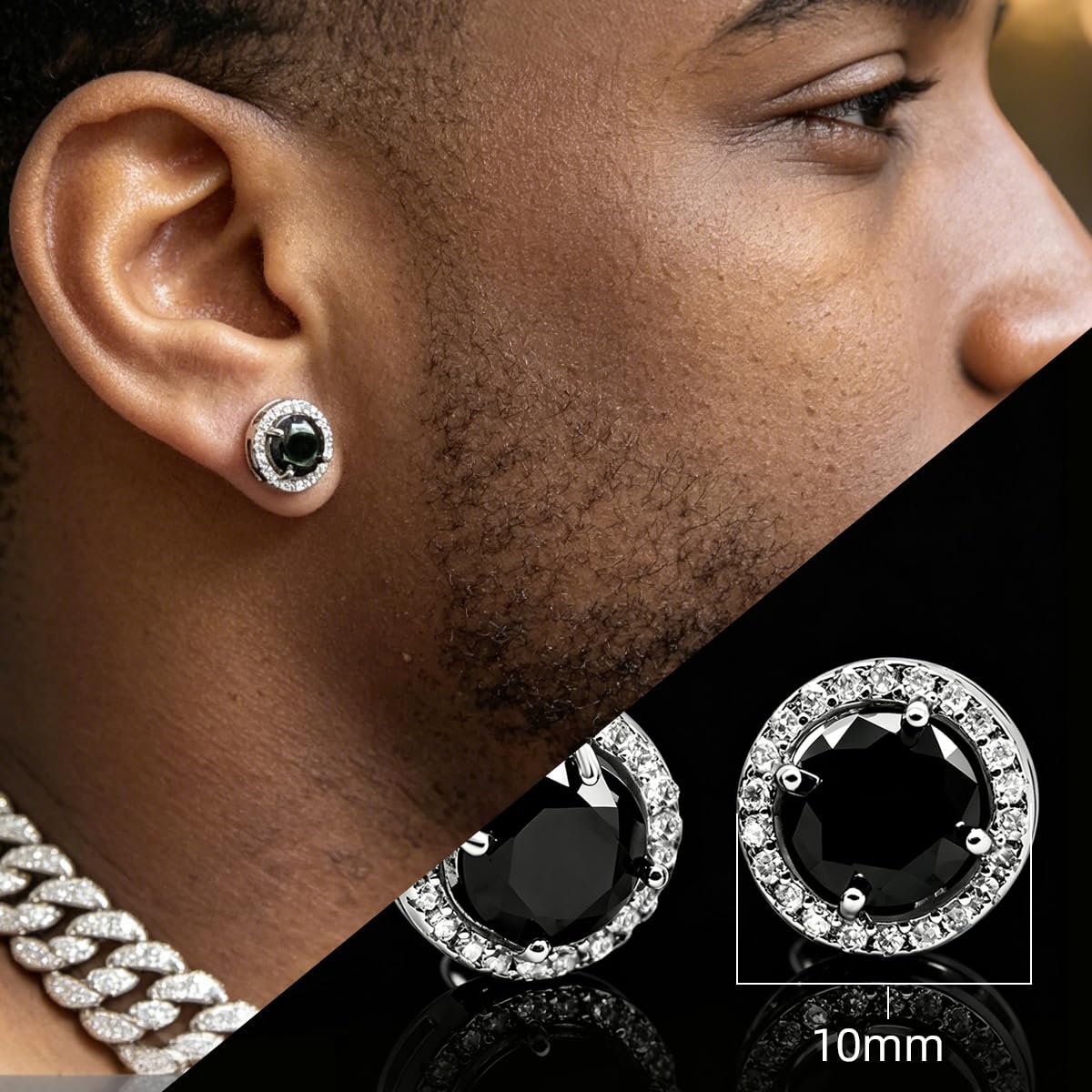 Orecchini da uomo con moissanite nera, 1CT Moissanite, allevati in laboratorio, argento 925 placcato al rodio, unisex, ideali come regalo.