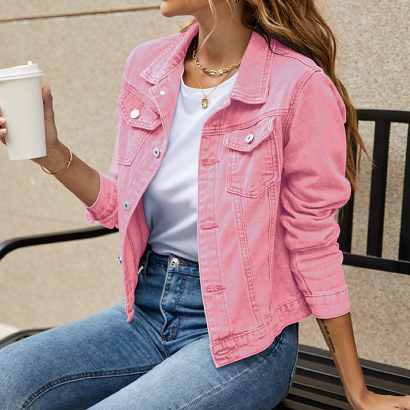 Giacca di jeans da donna sciancrata luminosa, basic, tinta unita, con bottoni, in cotone, con tasche, giacca di jeans