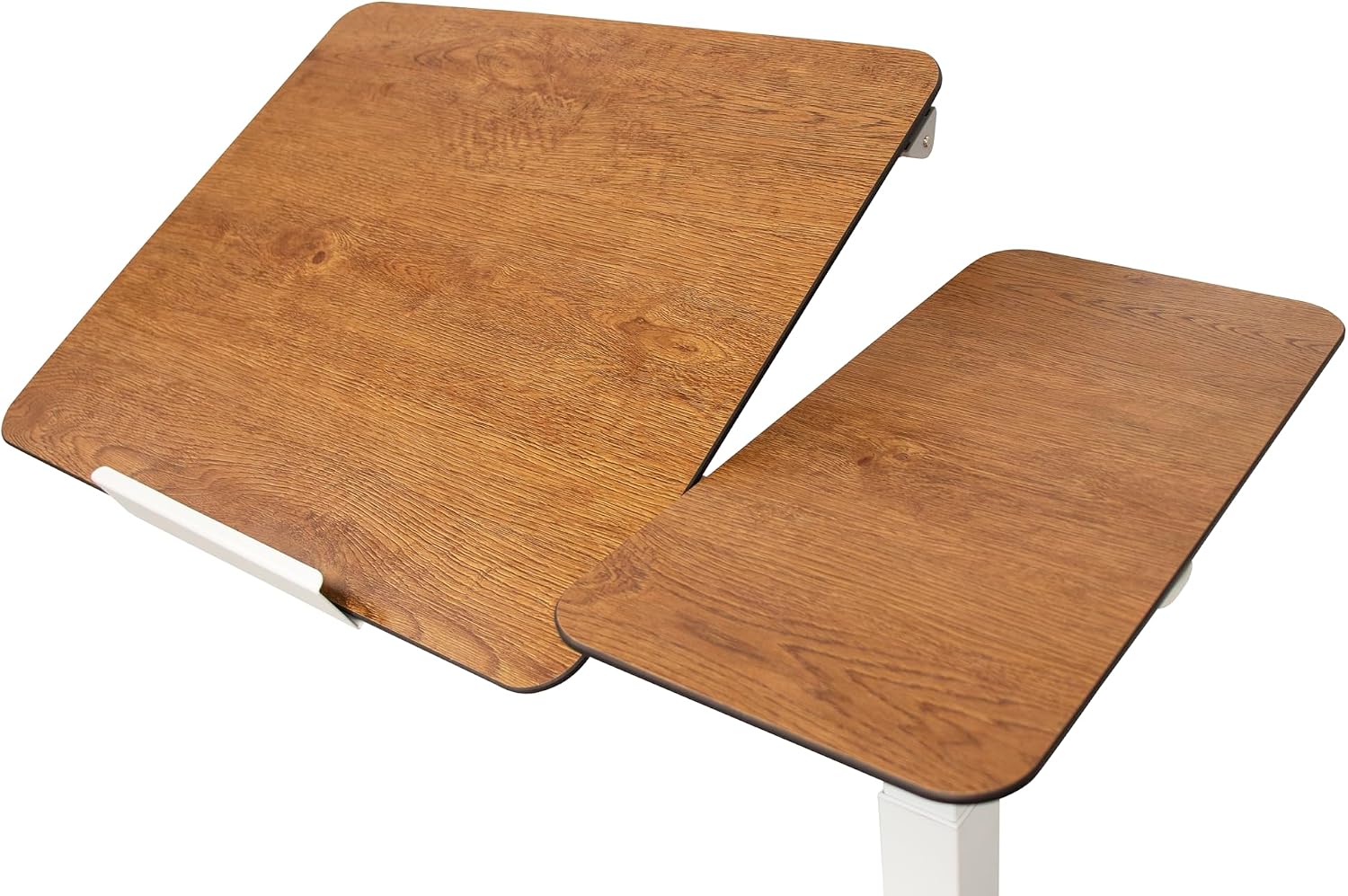 Split-top Dual Surface Overbed Table, Height Adjustable 29.5 to 43.3 Inches, HPL Top, White Steel H-Base, Modern Style (Gloden Oak)
