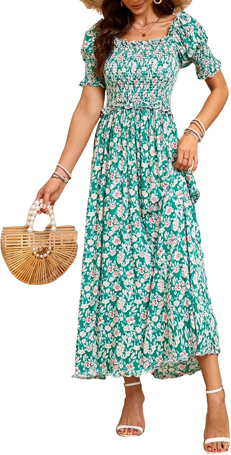 Women's Casual Summer Maxi Dresses Short Sleeve Floral Strapless Dress A Line Boho Ruffle Long Dresses