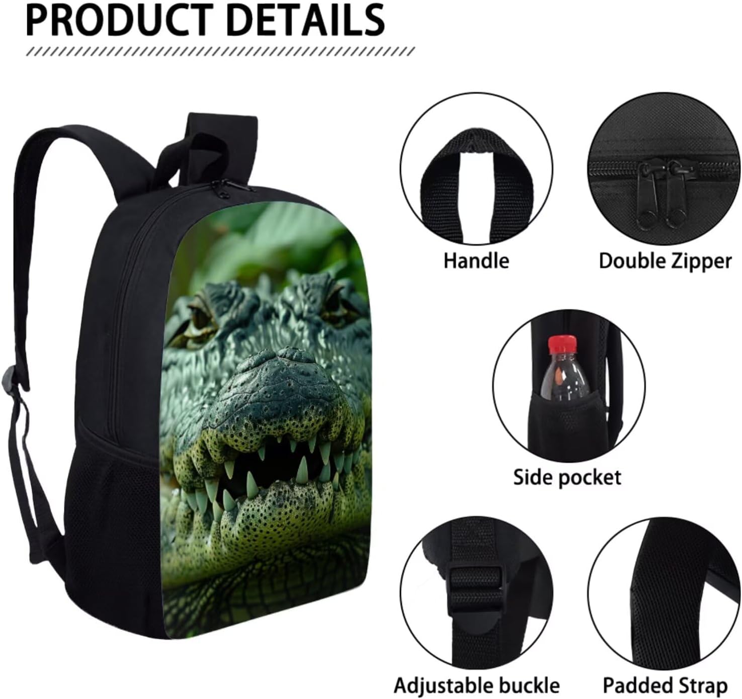 Cool Crocodile Green Backpack for Boys Girls School Backpack with Lunch Box Pencil Case Bookbag Set - Image 3
