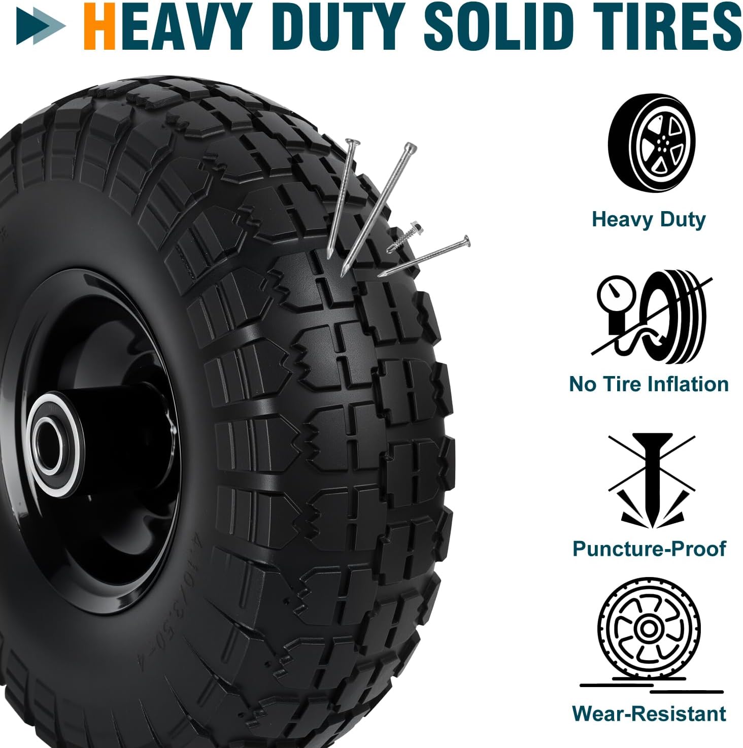 10" Solid Tires 2 Pack, 4.10/3.50-4 Flat-Free Wheels with Double Sealed Bearings & 5/8" Bore - Heavy Duty Replacement for Hand Trucks, Lawn Mowers, Carts, Wheelbarrows & Generators
