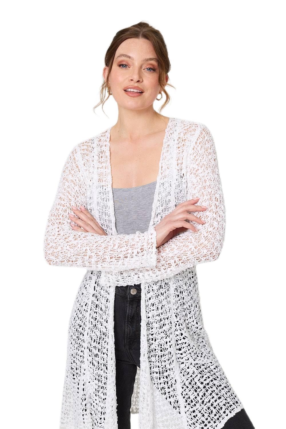 Izabel London Crochet Knit Longline Waterfall Cardigan for Women UK with Long Flared Sleeves and an Open Front. White