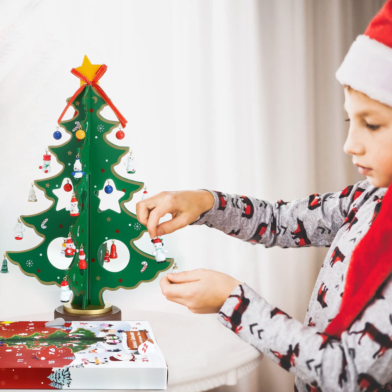 LEMESO Calendario de Adviento Árbol de Navidad Madera 3D con 24 Decoraciones Colgantes 35,5cm