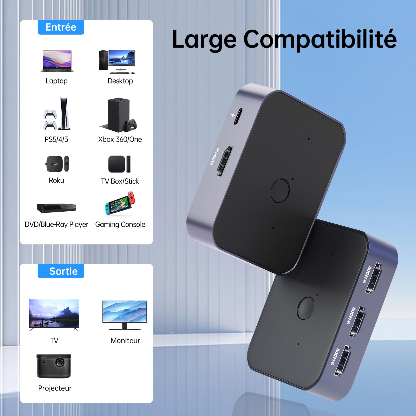 Commutateur HDMI 2.1 Switch 3 Entrées 1 Sortie, 8K 60Hz 4K 120Hz 48Gbps HDMI Switch UHD HDR 3D Compatible avec PS5/Switch/Xbox/Steam Deck/PC/Streaming/HDTV/Moniteur/Projecteur