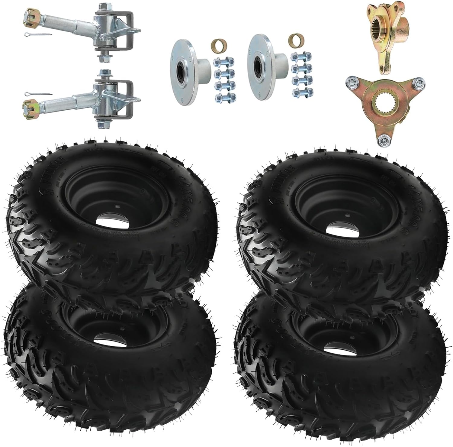 2 Pack 14x5.00-6 ATV Wheel Assembly Tubeless Tires on 6" 3-Lug Rims, 14x5-6 Off-Road Wheels with Front & Rear Hubs and Steering Spindles for Go Kart Buggy Golf Cart Quad Buggy Drift Trike