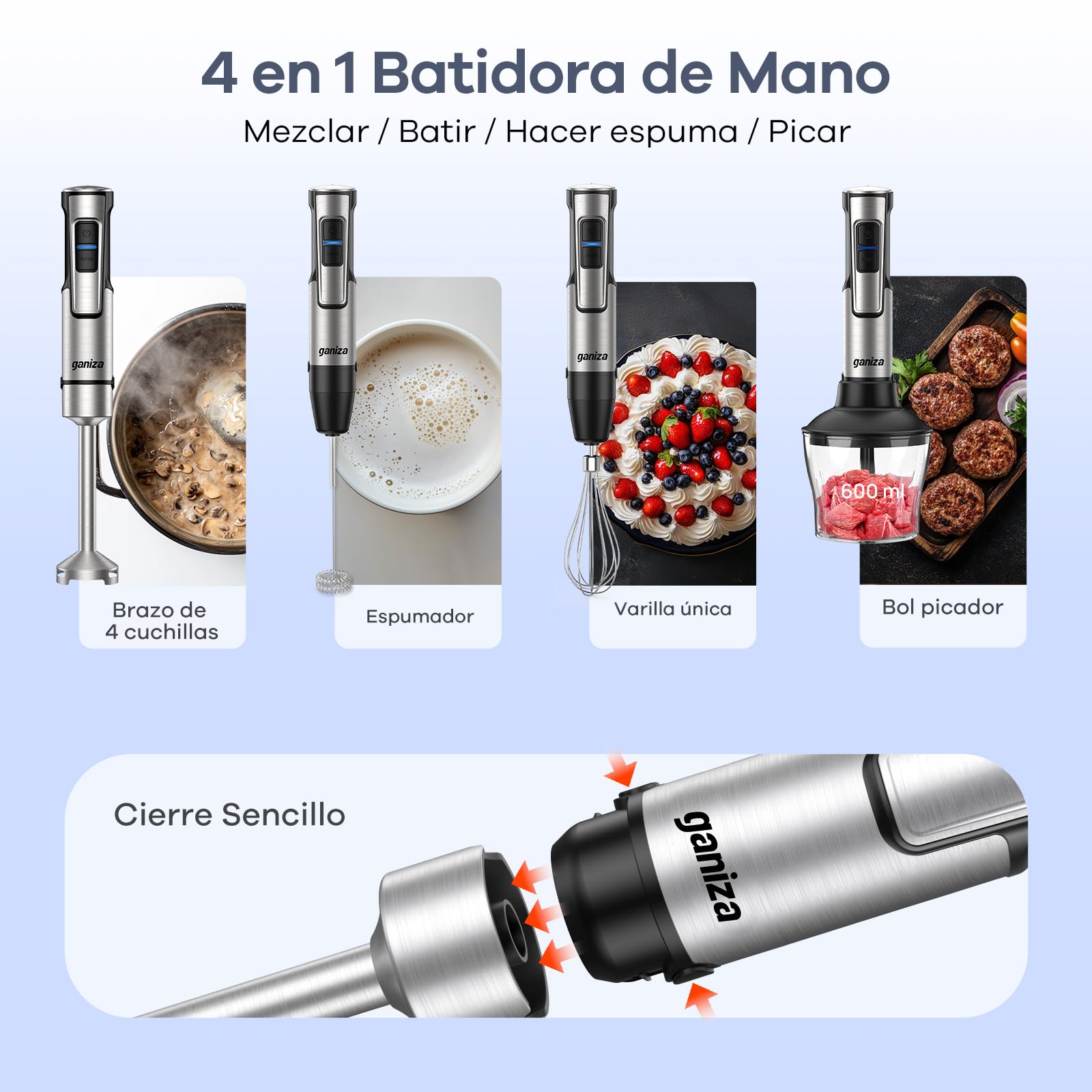 Ganiza Batidora de Mano 5 en 1, 1200 W, con control de velocidad y función turbo, Acero inoxidable e incluye picadora, batidor de varillas, espumador de leche y vaso medidor