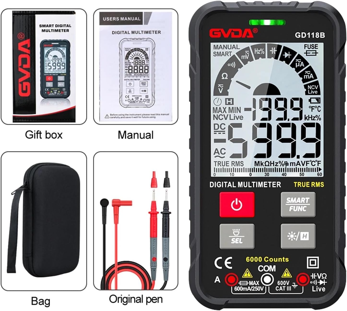 Generation 600V Digital Multimeter Ture RMS AC DC NCV Smart Multimetro Tester Ohm Capacitance Hz Voltage Meter(GD118B Black)