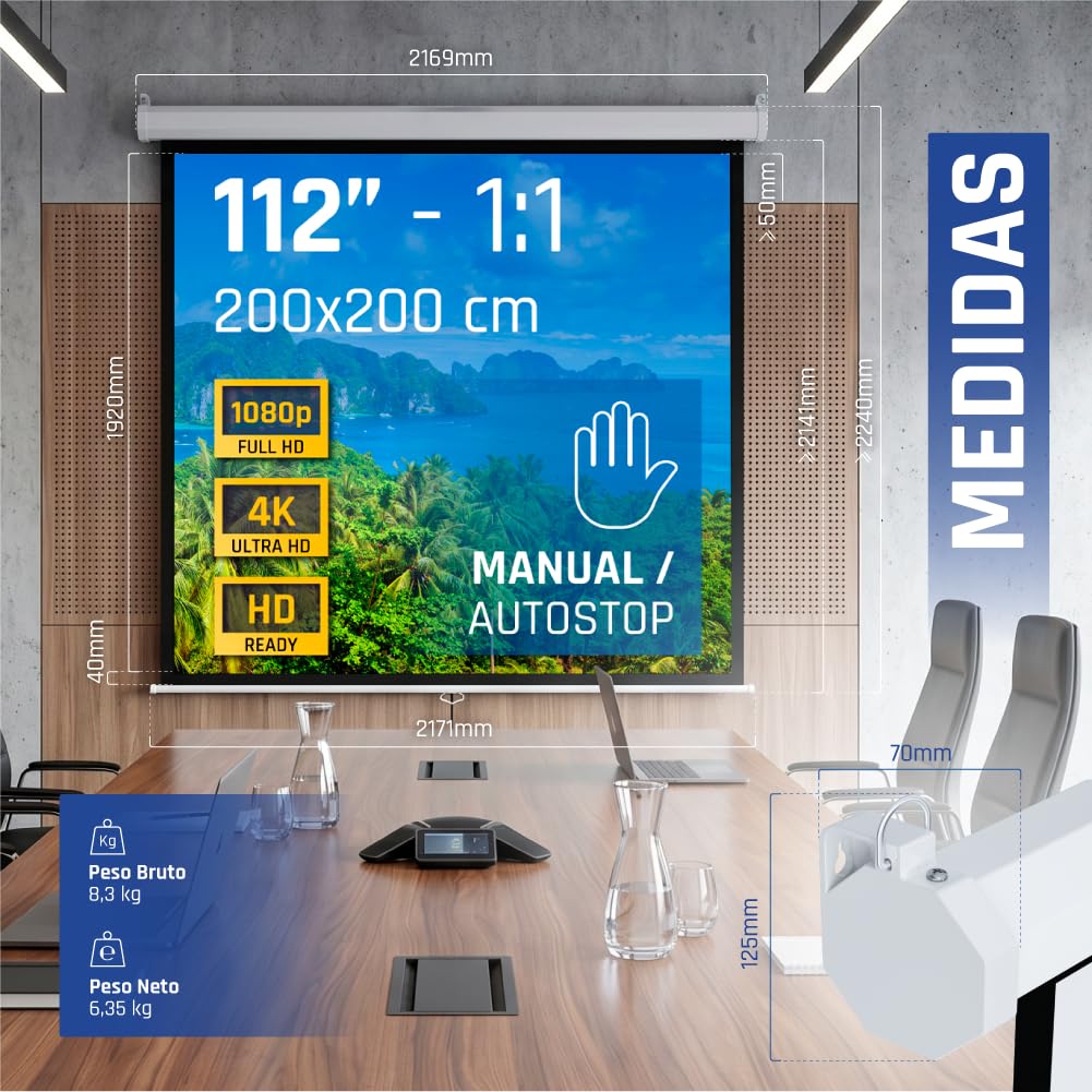 iggual Écran de Projection 112" Pouces - Enroulable Manuel Panoramique - Format 16:9 - Angle de Vision 180º - Hauteur Réglable - Adapté Mur/Plafond - Compatible 4K et Tout Projecteur, (200x200 cm)