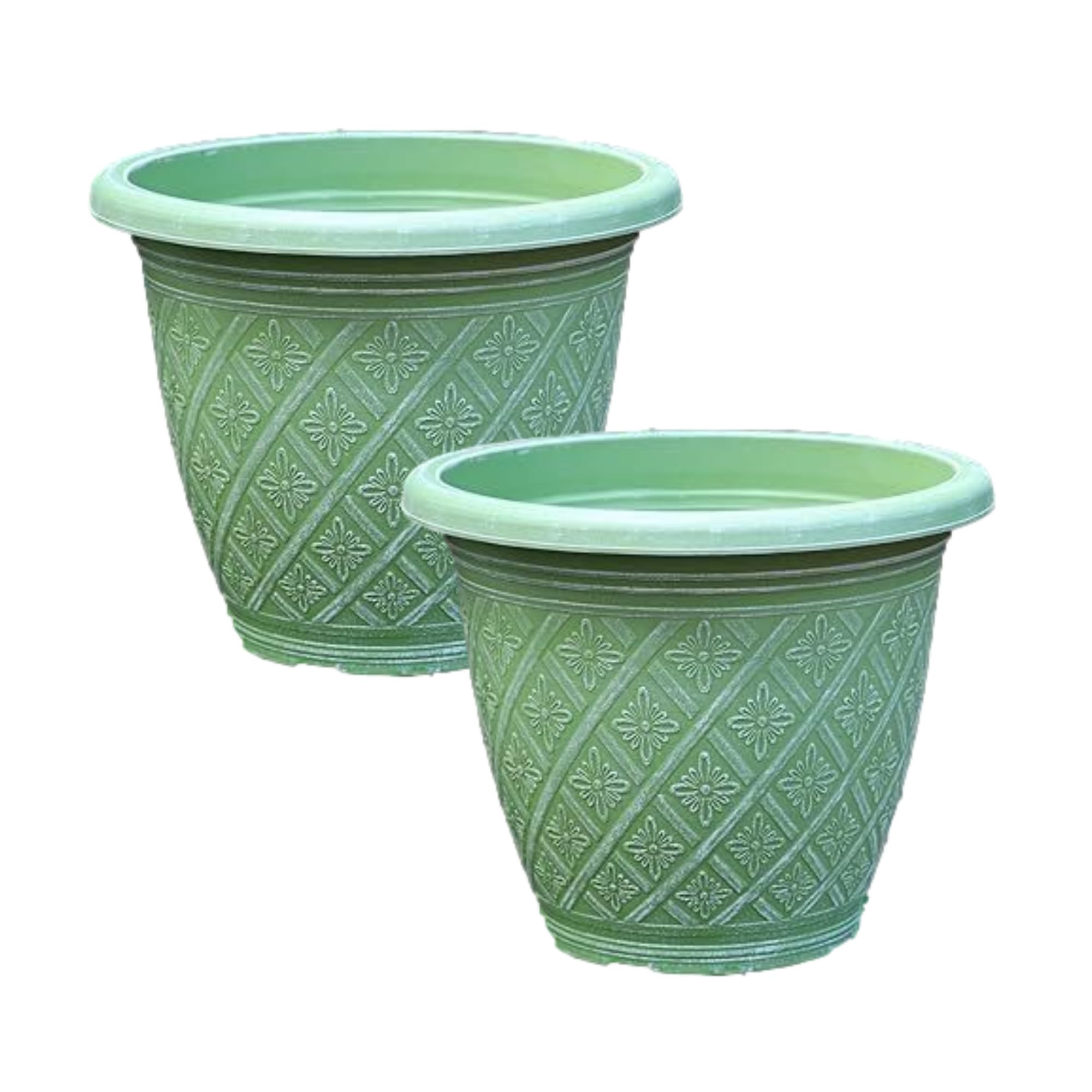 Fyne-Finds Set of 2 Round 33cm 13inch Garden Plant Pot Woven Flower Outdoor Decor Planter Frost Proof, Weatherproof, Drainage Hole (Moss Green) โ image 1