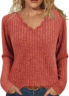 Women Pullover Casual Long Sleeve Scalloped Hem V Neck Lightweight Ribbed Pullover…