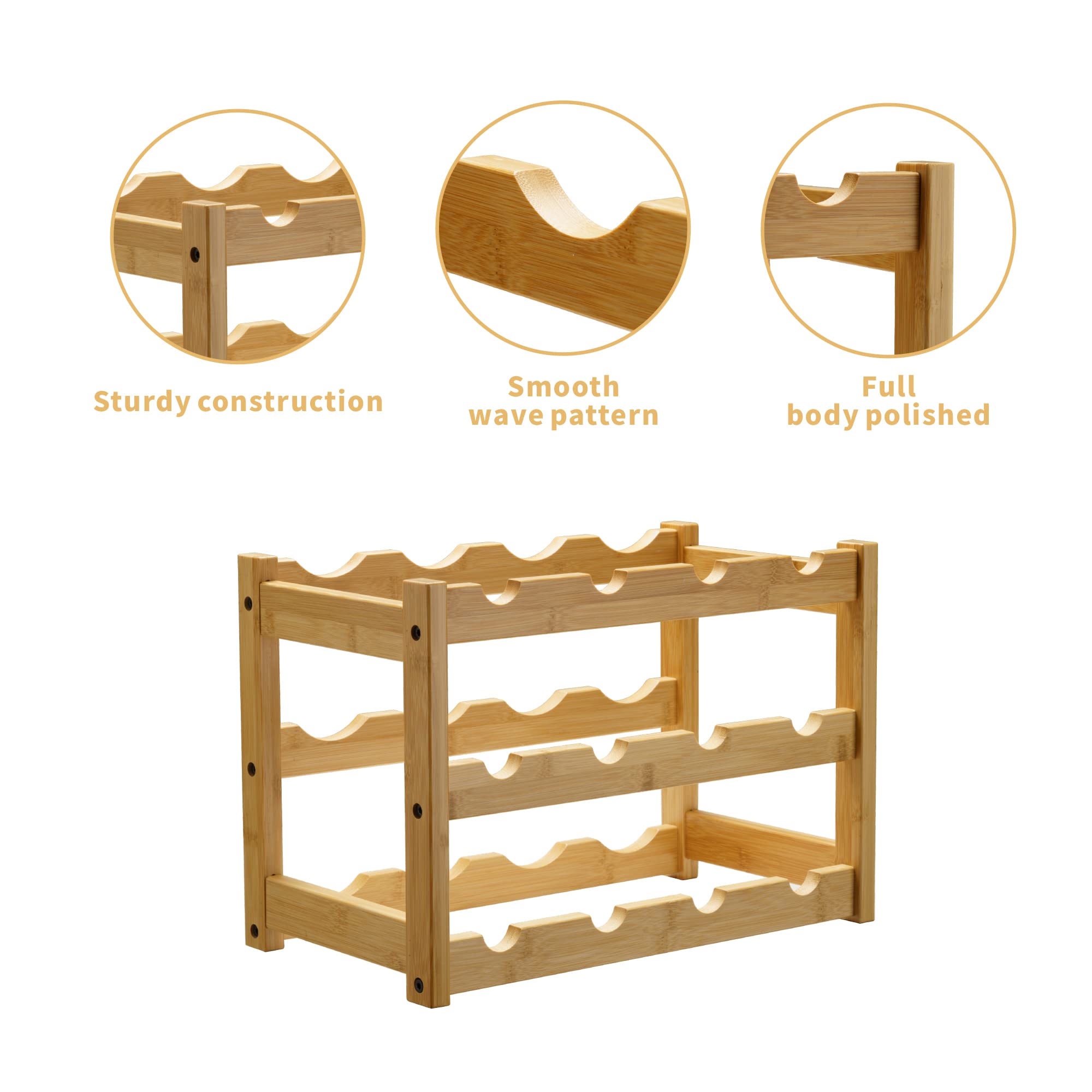 VASMIA Botellero de bambú, Soporte para 12 Botellas, estantes de Almacenamiento Independientes de 3 Niveles para Cocina, despensa, Bodega Bar Natural - 5