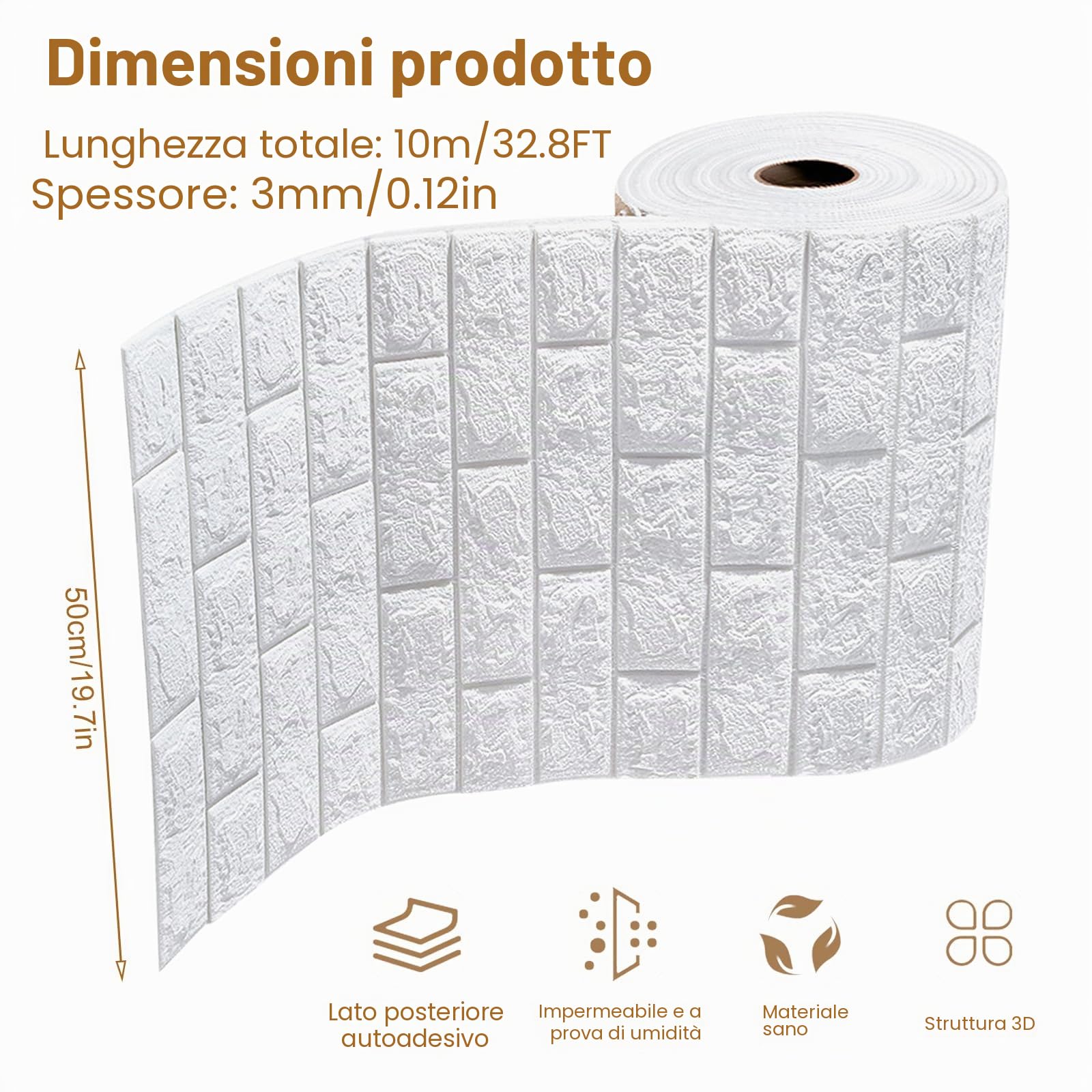 3D Pannelli murali autoadesivi bianchi 50 cm x 10 m, carta da parati effetto pietra bianca, adesivi murali impermeabili, carta da parati adesiva effetto pietra per cucina, camera da letto, bagno