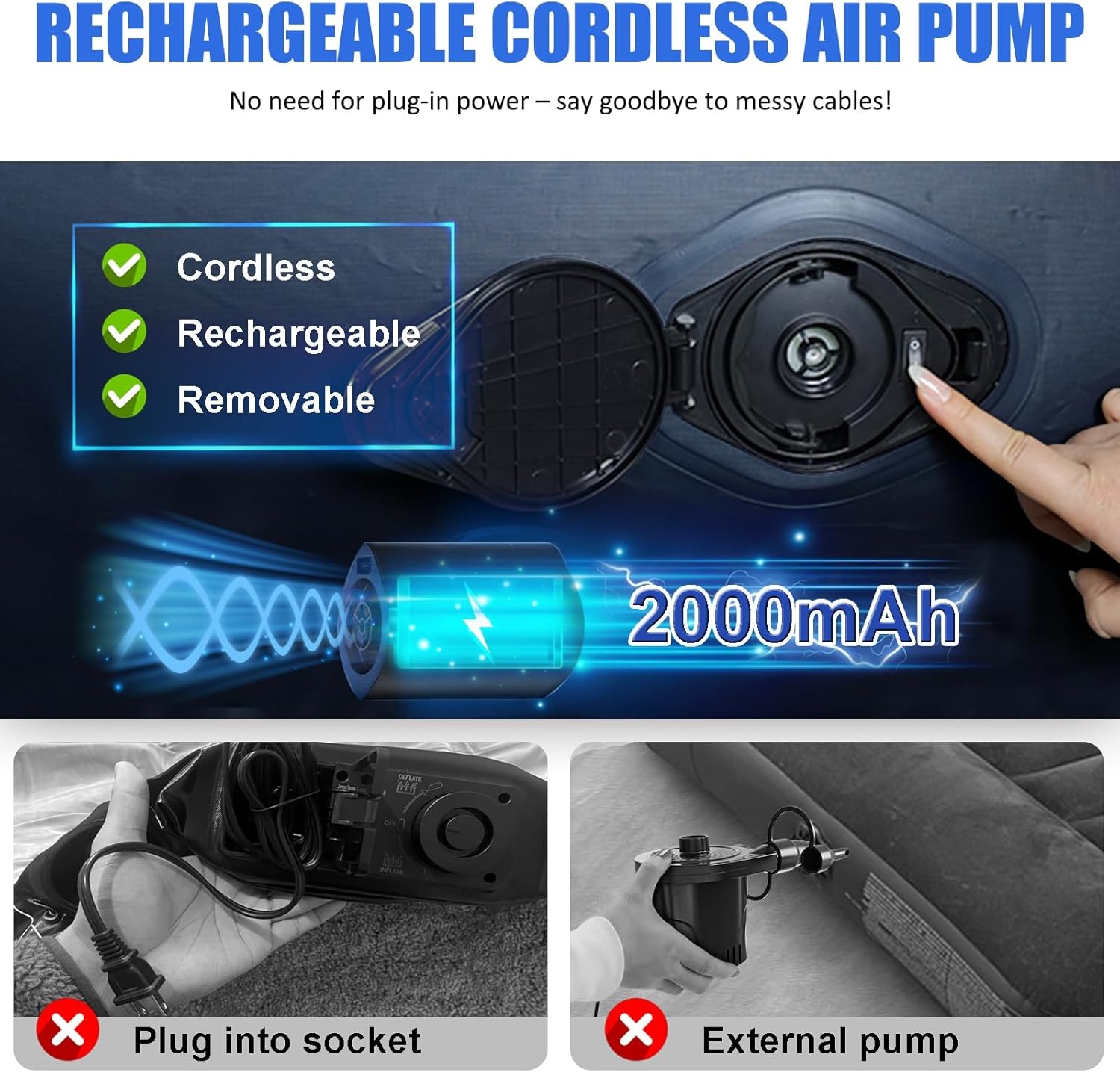 4 Person Pop Up Tents for Camping + Queen Camping Air Mattress with Built-in Rechargeable & Detachable Pump