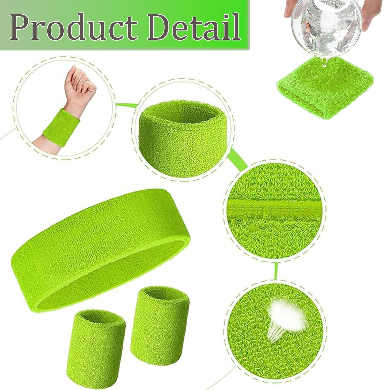 1 Pcs Green Headband and 2 pcs Wristbands Sweatbands Set 80s hair accessories Green sweat band 80s Headband for Women Girls Gym Yoga sweat bands wristbands wrist sweat bands men - Image 3